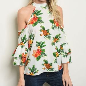 PINEAPPLE & FLORAL COLD SHOULDER PRINT TOP